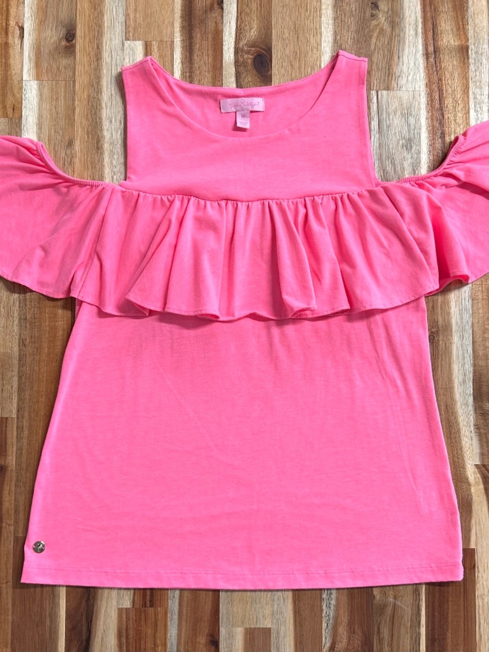 Lilly Pulitzer Lyra Cold Shoulder Ruffle Top Pink Neon Size XS Preppy Coastal